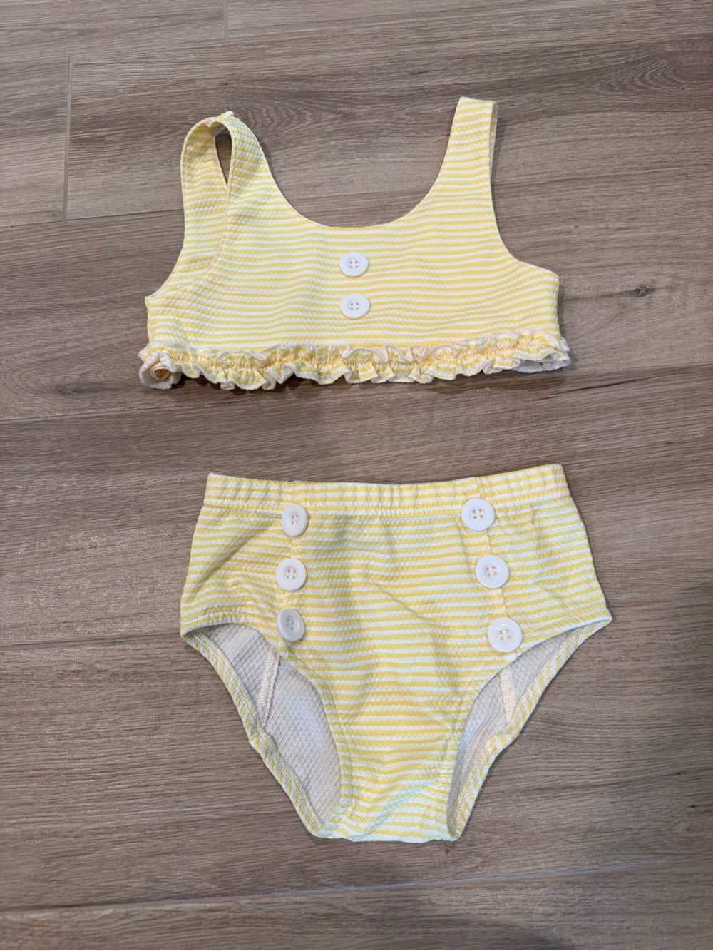 Size 9 smocked sweets Yellow Striped Girls' Bikini Set with Button Detail